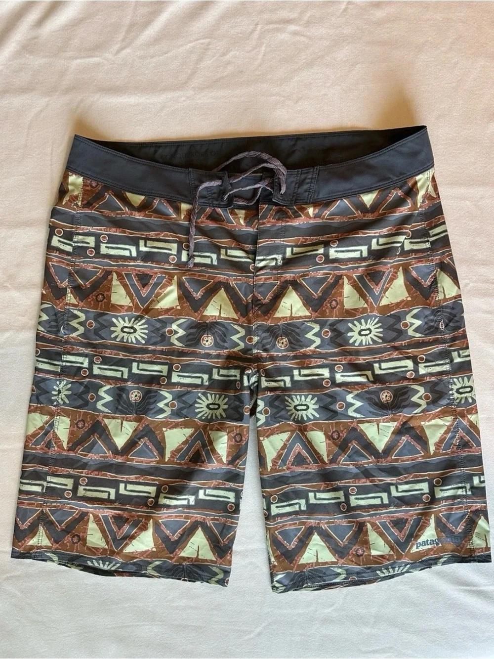 Patagonia Men's Tribal-Pattern Swim Board Shorts — Brown, Green & Black